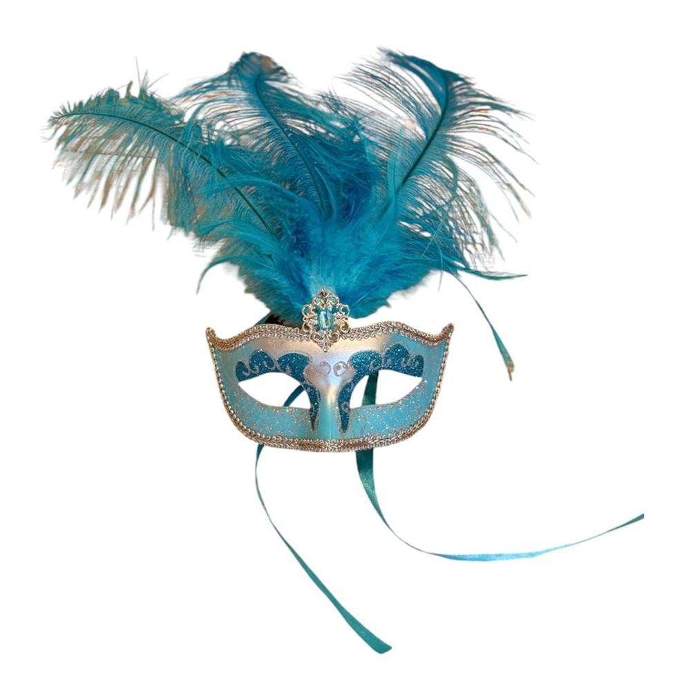 Masquerade Peacock Light Blue Feather Mask Mardi Gras Costume Silver Jewel